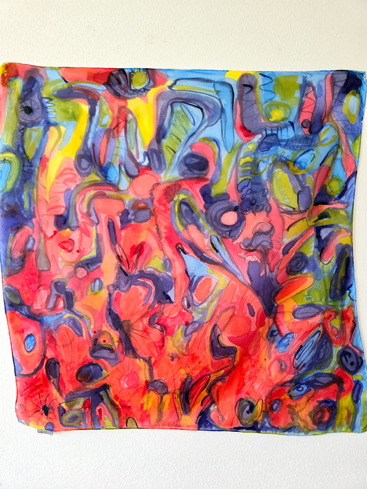 Handgemaltes Seidentuch "Esy Floresy" – 90x90 cm, expressives Design in Rot, Dunkelblau und Grün